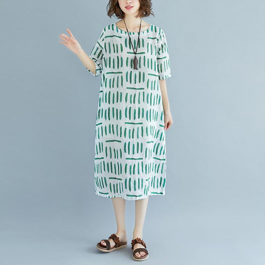 Vintage Leinen Sonnenkleid Locker sitzendes Kurzarm Rundhalstaschen Sommerkleid