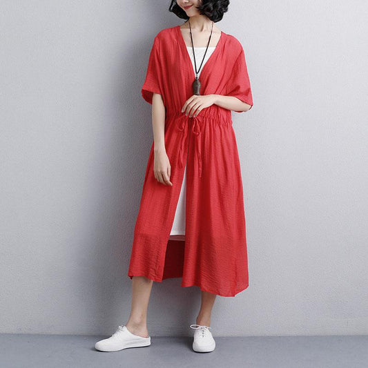 Vintage lange Kleider in Übergröße, lockeres, lässiges, kurzärmliges, seitlich geschlitztes rotes Kleid