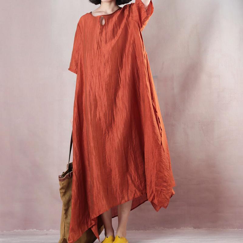 Vintage orangefarbenes Leinen Maxikleid Plus Size Kleidung O Hals Krawatte Taille Leinen Maxikleid feines Kurzarmkleid