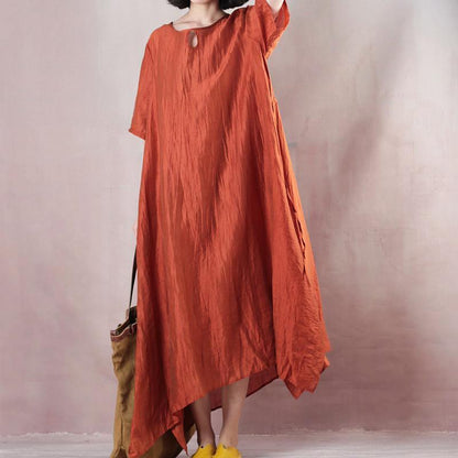 Vintage orangefarbenes Leinen Maxikleid Plus Size Kleidung O Hals Krawatte Taille Leinen Maxikleid feines Kurzarmkleid