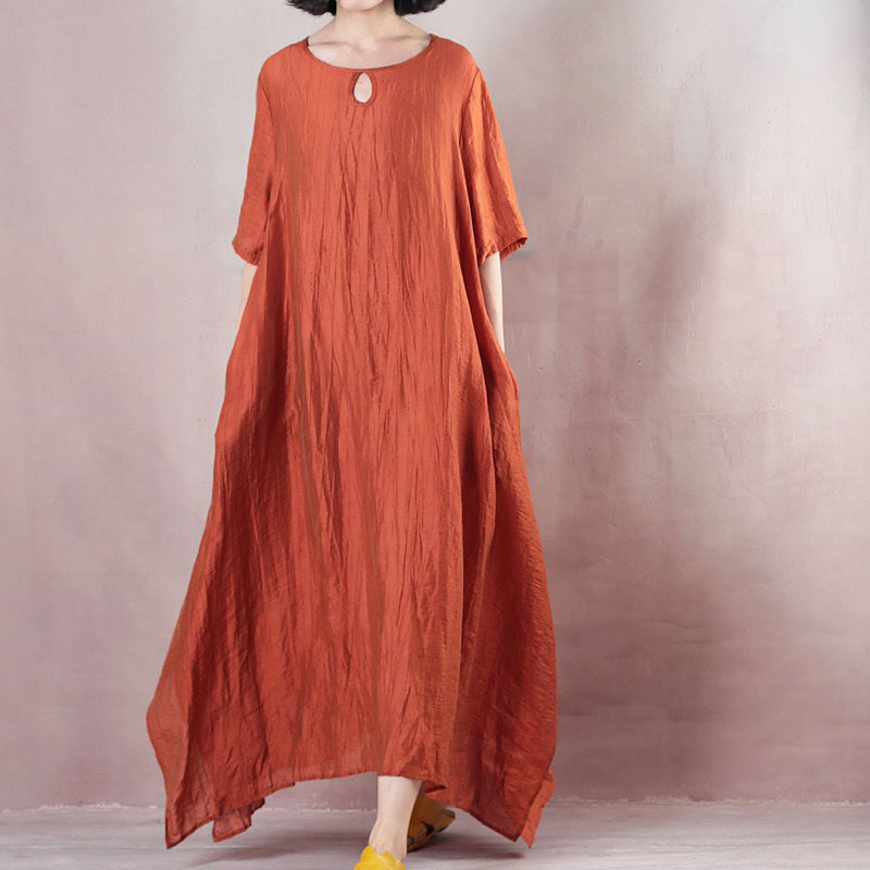 Vintage orangefarbenes Leinen Maxikleid Plus Size Kleidung O Hals Krawatte Taille Leinen Maxikleid feines Kurzarmkleid
