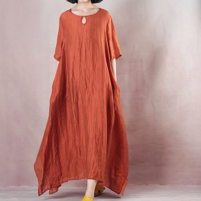 Vintage orangefarbenes Leinen Maxikleid Plus Size Kleidung O Hals Krawatte Taille Leinen Maxikleid feines Kurzarmkleid