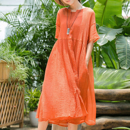 Vintage orange langes Kleid aus Baumwollmischung in Übergröße, V-Ausschnitt, baggy, zweiteiliges Kleid aus Baumwollmischung, neue Kurzarmkleider