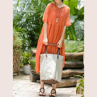 Vintage orange langes Kleid aus Baumwollmischung in Übergröße, V-Ausschnitt, baggy, zweiteiliges Kleid aus Baumwollmischung, neue Kurzarmkleider