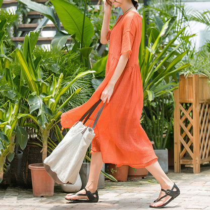 Vintage orange langes Kleid aus Baumwollmischung in Übergröße, V-Ausschnitt, baggy, zweiteiliges Kleid aus Baumwollmischung, neue Kurzarmkleider