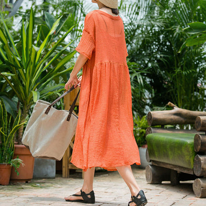 Vintage orange langes Kleid aus Baumwollmischung in Übergröße, V-Ausschnitt, baggy, zweiteiliges Kleid aus Baumwollmischung, neue Kurzarmkleider