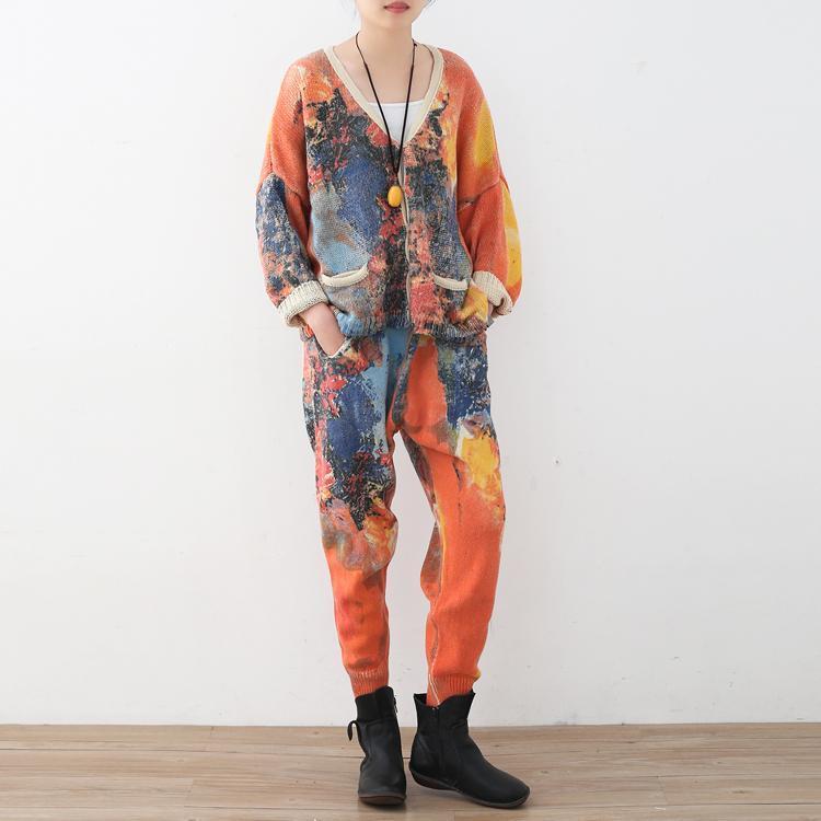 vintage orange prints sweater cardigans and elastic waist knit pants two pieces