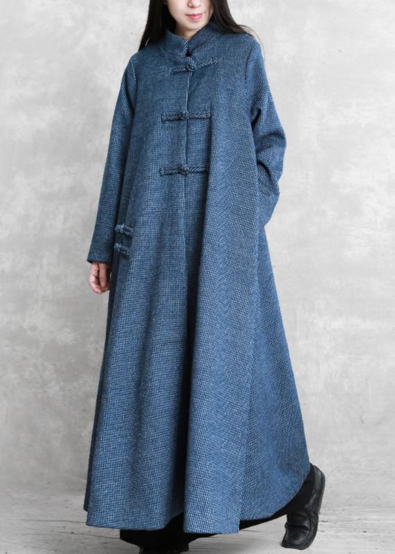 vintage plus size Jackets & coat blue stand collar asymmetric Woolen Coats - SooLinen