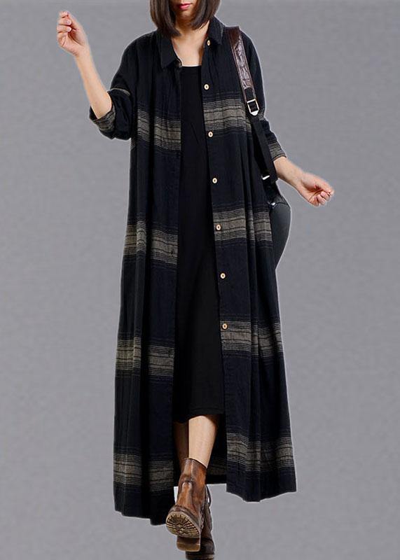 vintage plus size clothing trench coat fall black plaid lapel Button coats - SooLinen