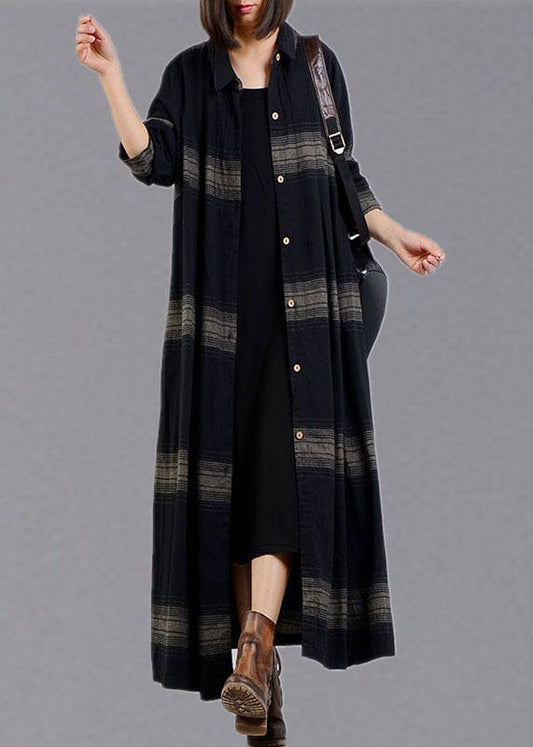 vintage plus size clothing trench coat fall black plaid lapel Button coats - SooLinen