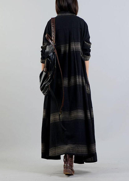 vintage plus size clothing trench coat fall black plaid lapel Button coats - SooLinen