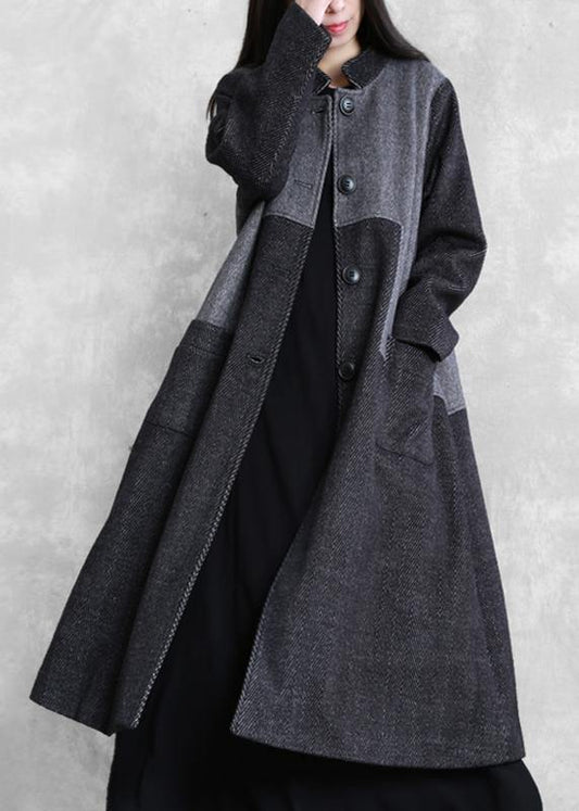 vintage plus size long coat outwear dark gray stand collar patchwork woolen overcoat - SooLinen