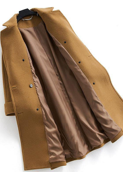 vintage plus size long double breast coats brown Notched woolen outwear - SooLinen