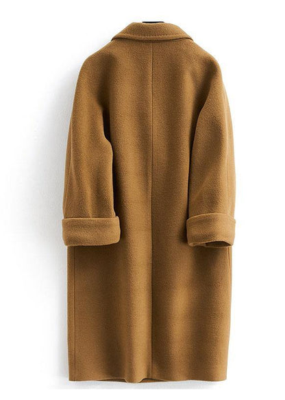 vintage plus size long double breast coats brown Notched woolen outwear - SooLinen