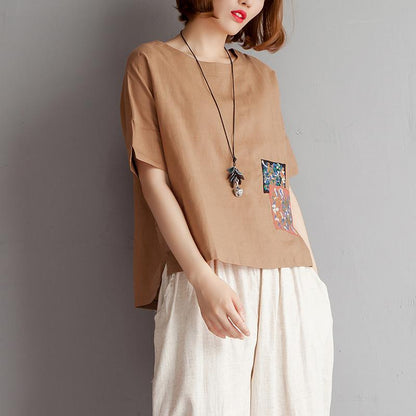Vintage Bluse aus reinem Baumwollleinen in Übergröße, Stickerei, High-Low-Saum, Sommer, kurzärmelig, braune Bluse