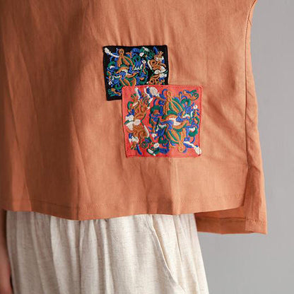 Vintage Bluse aus reinem Baumwollleinen in Übergröße, Stickerei, High-Low-Saum, Sommer, kurzärmelig, braune Bluse
