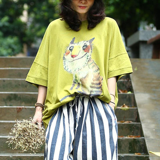 Vintage reine Baumwolle Tops trendige Plus Size Animal Printing Loose Casual Sommer Damen Bluse