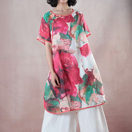 Vintage rotes Midi-Länge-Leinen-T-Shirt Locker sitzende Hemden Boutique Halbarm-Print O-Ausschnitt Chinesische Button-Leinenblusen