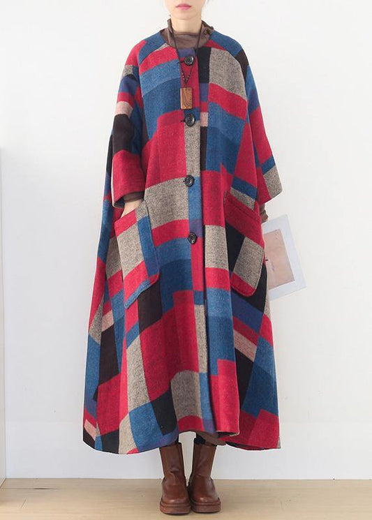 vintage red plaid Woolen Coats oversized o neck exra large hem long winter coat  women coats - SooLinen