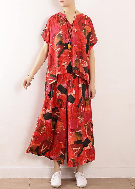 vintage red prints linen two pieces short sleeve t shirt and casual elastic waist crop pants - SooLinen