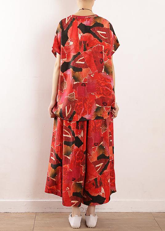 vintage red prints linen two pieces short sleeve t shirt and casual elastic waist crop pants - SooLinen