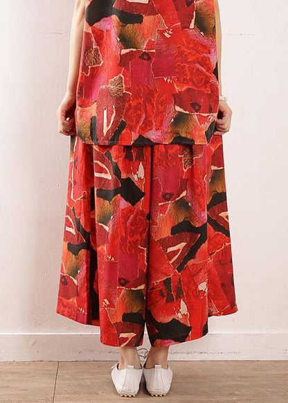 vintage red prints linen two pieces short sleeve t shirt and casual elastic waist crop pants - SooLinen