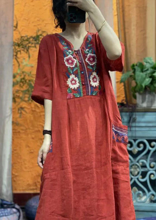 vintage rose red Embroideried V Neck Linen Dress Half Sleeve