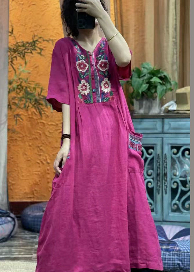 vintage rose red Embroideried V Neck Linen Dress Half Sleeve