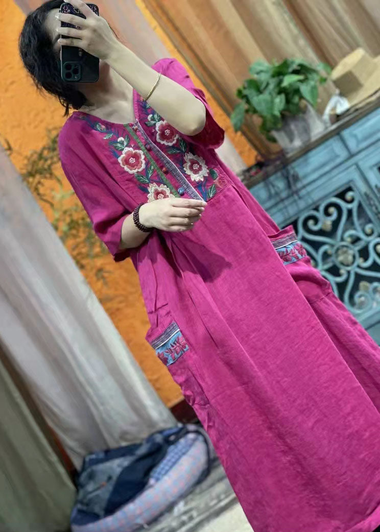 vintage rose red Embroideried V Neck Linen Dress Half Sleeve