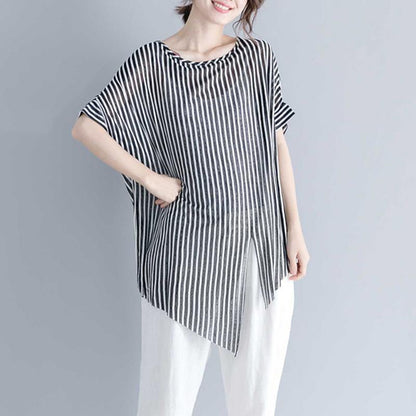 Vintage gestreiftes Baumwoll-T-Shirt in Midi-Länge, locker sitzende Reisebluse, feine Kurzarm-Baumwollhemden mit Rundhalsausschnitt und asymmetrischem Design