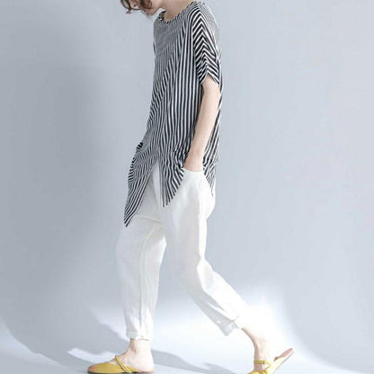 Vintage gestreiftes Baumwoll-T-Shirt in Midi-Länge, locker sitzende Reisebluse, feine Kurzarm-Baumwollhemden mit Rundhalsausschnitt und asymmetrischem Design