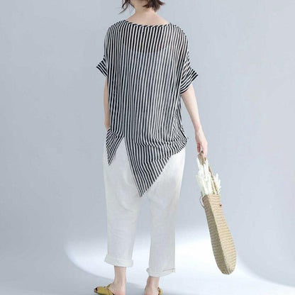 Vintage gestreiftes Baumwoll-T-Shirt in Midi-Länge, locker sitzende Reisebluse, feine Kurzarm-Baumwollhemden mit Rundhalsausschnitt und asymmetrischem Design