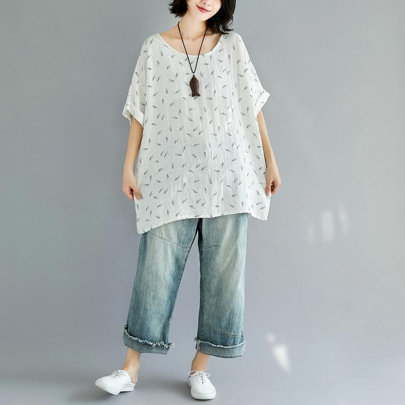 Vintage weiß reine baumwolle tops plus größe kleidung casual Neue floral O hals kurzarm baumwolle shirts