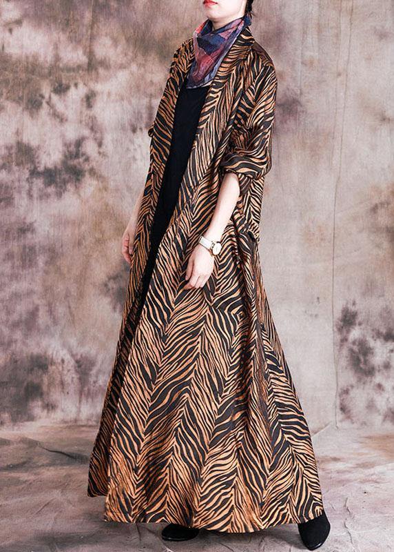 vintage yellow print coats trendy plus size fall Notched pockets tie waist maxi coat - SooLinen