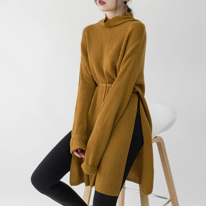 Vintage gelbe Pulloverkleider Locker sitzender Stehkragen seitlich offen lange Strickpullover lässiges Winterkleid mit Taillenbund