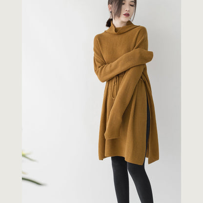 Vintage gelbe Pulloverkleider Locker sitzender Stehkragen seitlich offen lange Strickpullover lässiges Winterkleid mit Taillenbund