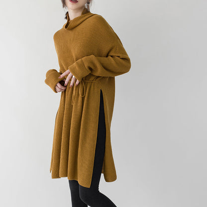 Vintage gelbe Pulloverkleider Locker sitzender Stehkragen seitlich offen lange Strickpullover lässiges Winterkleid mit Taillenbund