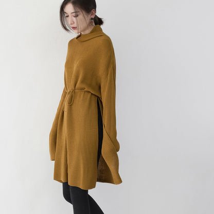 Vintage gelbe Pulloverkleider Locker sitzender Stehkragen seitlich offen lange Strickpullover lässiges Winterkleid mit Taillenbund