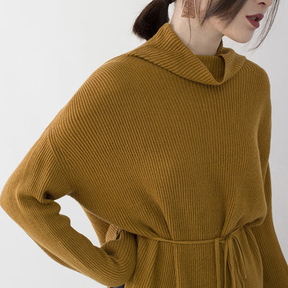 Vintage gelbe Pulloverkleider Locker sitzender Stehkragen seitlich offen lange Strickpullover lässiges Winterkleid mit Taillenbund