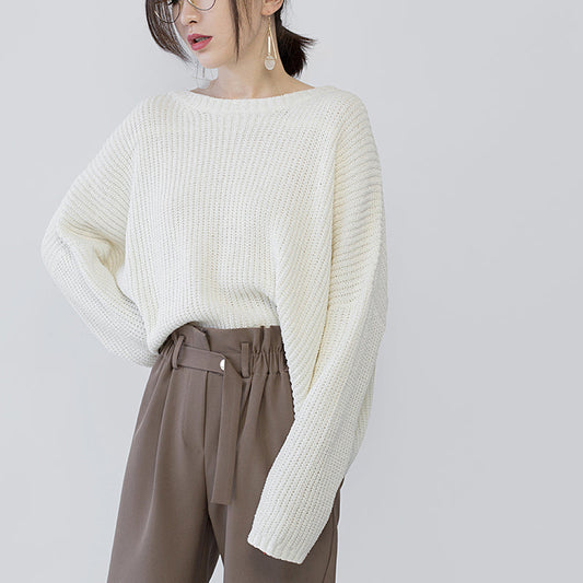 Warme beige Strickpullover in Übergröße mit O-Ausschnitt und Baggy-Ärmeln, elegante Herbstbluse