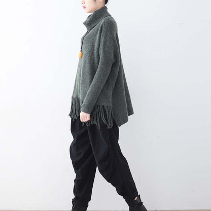 warme dunkelgraue Strickpullover lässige Fledermausärmel Strick-Sweatshirts Boutique Quaste Winterhemd