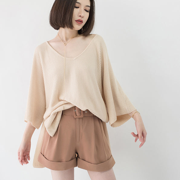 warmer, hautfarbener, kuscheliger Pullover, lässige Strickblusen mit V-Ausschnitt, lässige Herbstbluse mit Fledermausärmeln