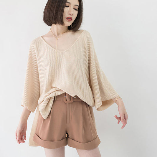 warm nude cozy sweater casual V neck knitted blouses casual Batwing Sleeve fall blouse