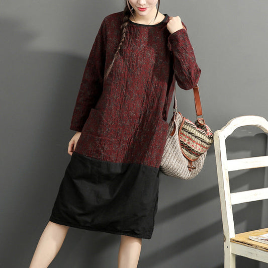 warme Winter-Baumwoll-Outfits rote Drucke lässige Kleider in Übergröße Patchwork O-Ausschnitt lässiges Kleid