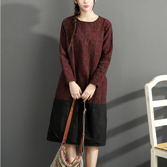 warme Winter-Baumwoll-Outfits rote Drucke lässige Kleider in Übergröße Patchwork O-Ausschnitt lässiges Kleid