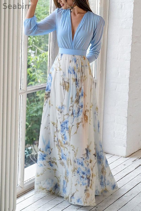 Plant Print V-neck Long Sleeve Elegant Stitching Maxi Dress
