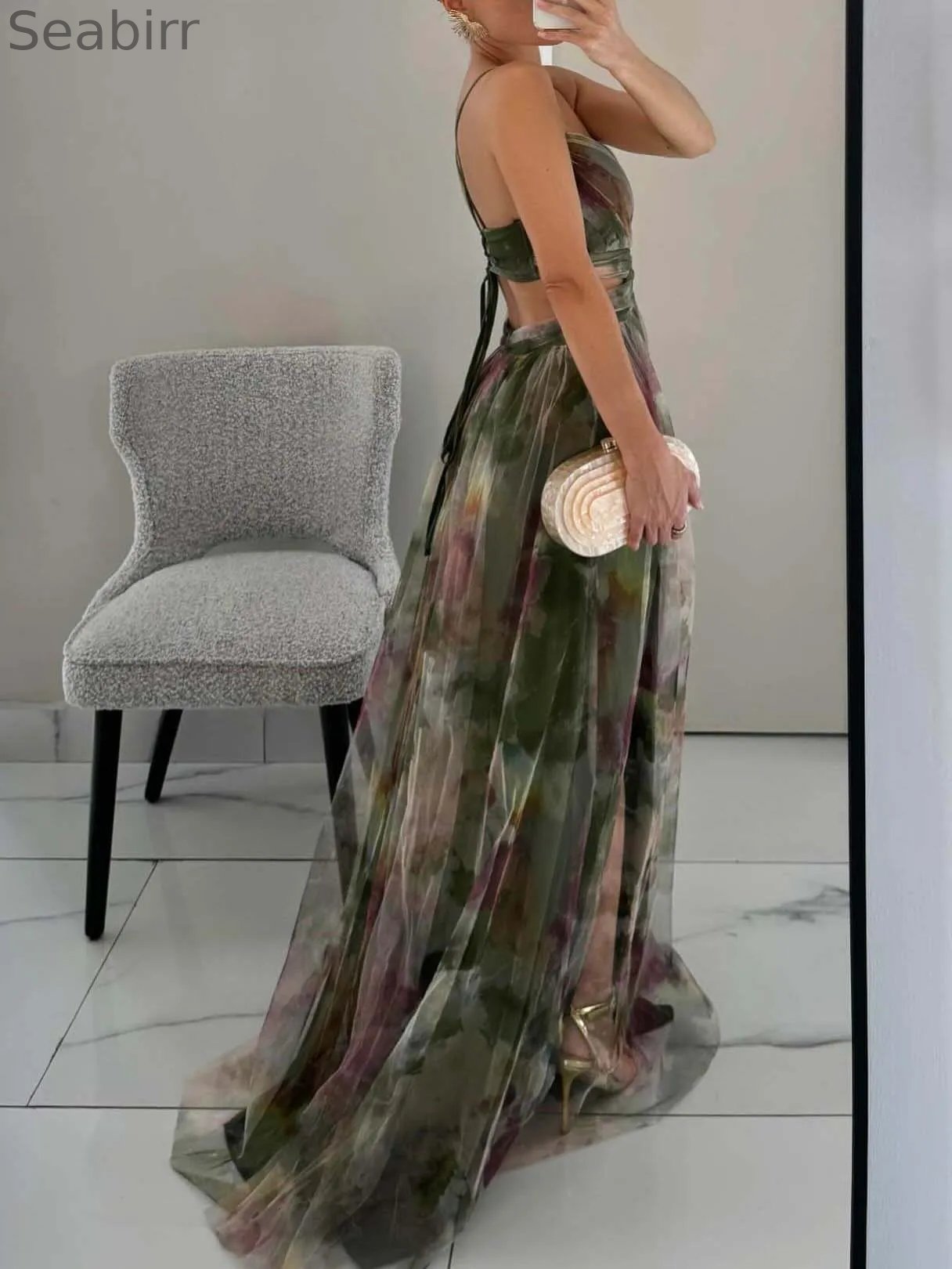 Elegant Painted Floral Print V-Neck A-Line Maxi Dress