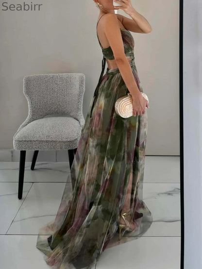 Elegant Painted Floral Print V-Neck A-Line Maxi Dress