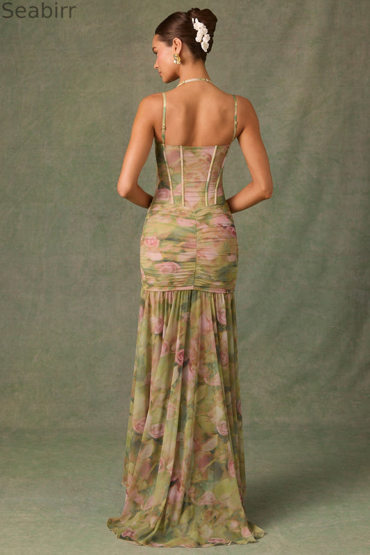 Ruched Asymmetric Corset Gown in Floral Multi Print