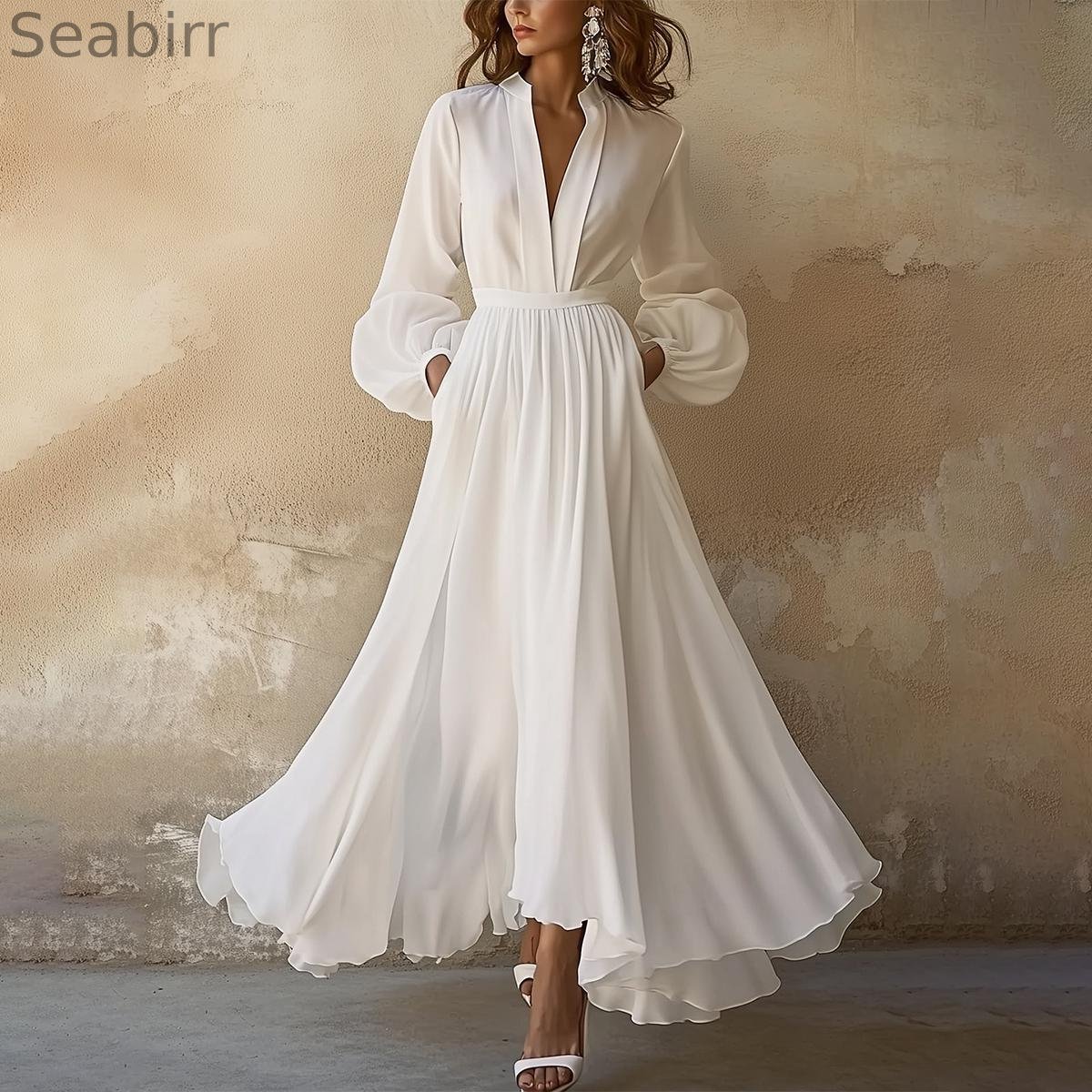 Vintage-Inspired White V-Neck Maxi Dress